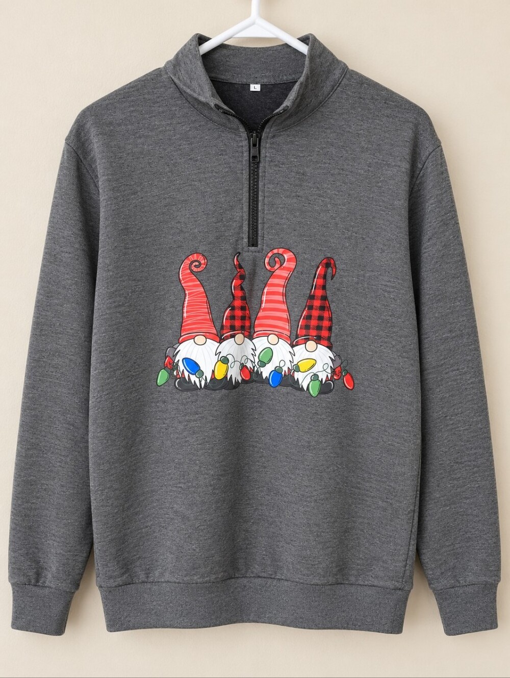 Charcoal Grey Gnome Graphic Quarter-Zip Sweater